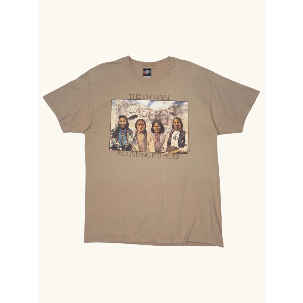 Hanes Beefy-T The Original Founding Fathers Native American Graphic T-Shirt Tan